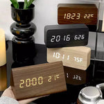 LED Smart Alarm Clock Wood Effect Display With Voice Control