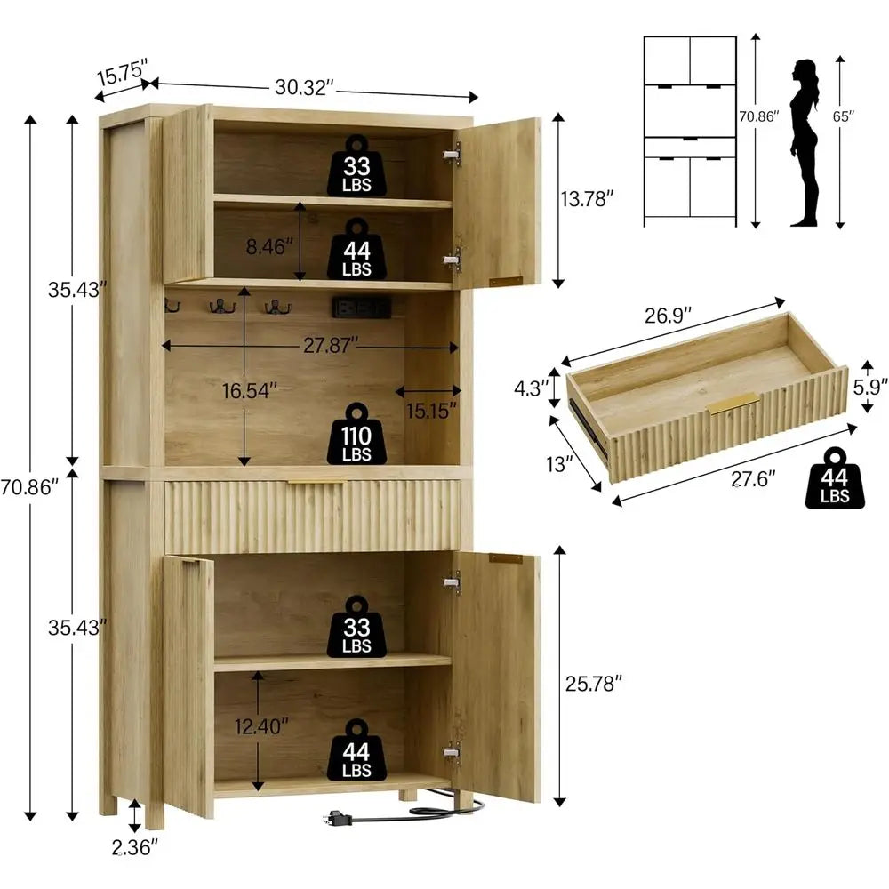71" Adjustable Pantry Cabinet with Charging Station
