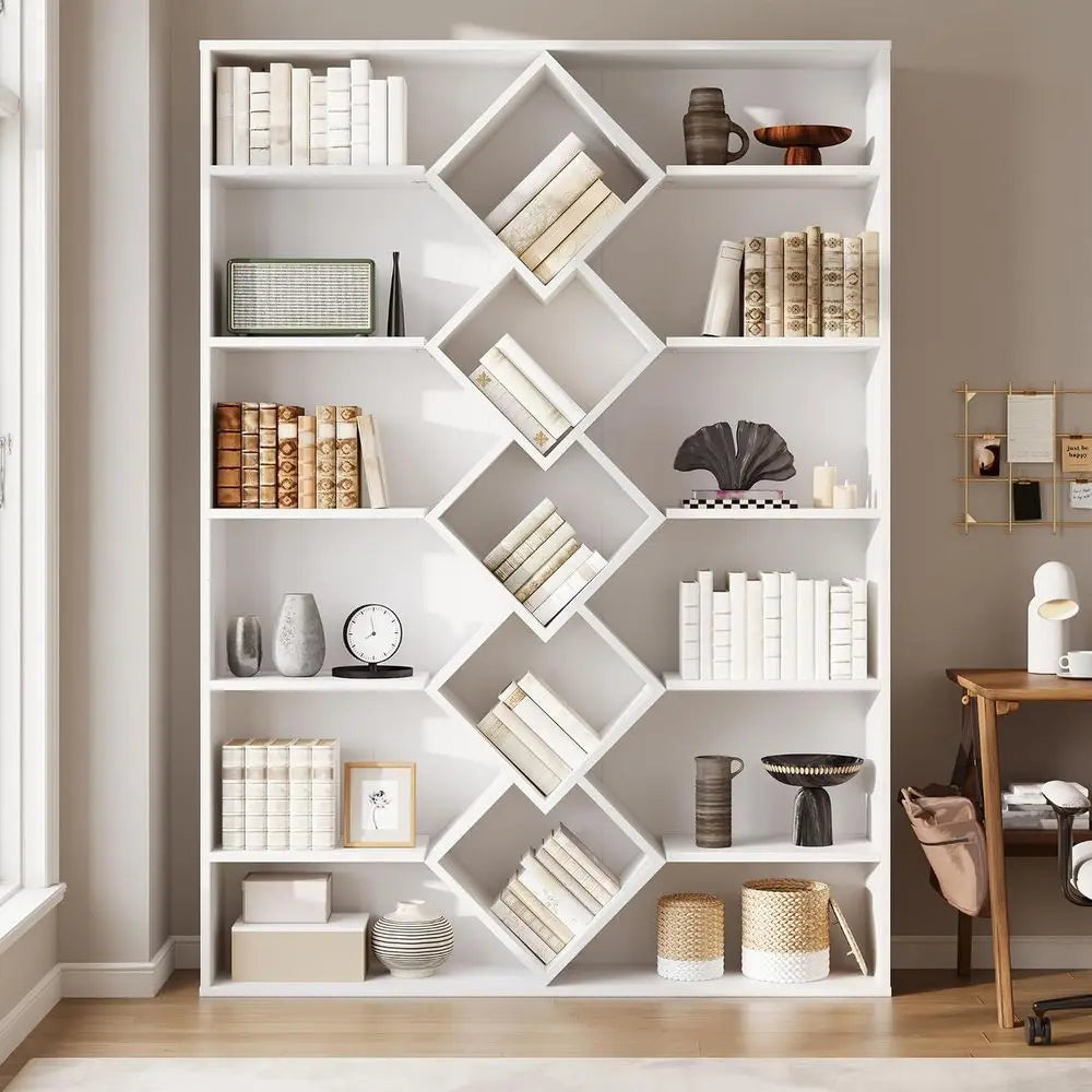 6-Tier Triple Wide Bookshelf with Diamond Design - White