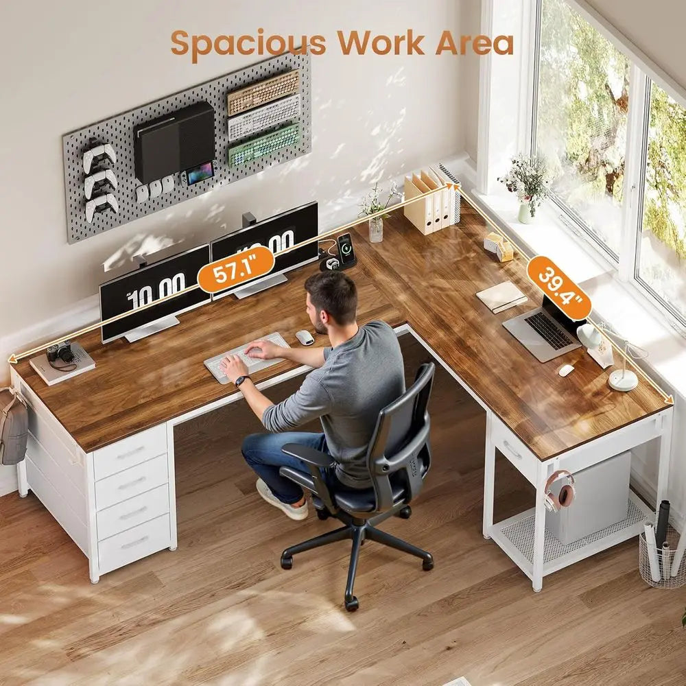 57" L-Shaped Dual-Person Office Desk with Storage & Charging