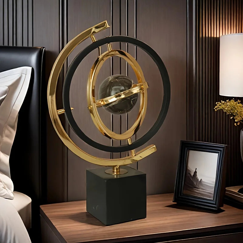 Modern Abstract Metal Globe Sculpture - Black & Gold