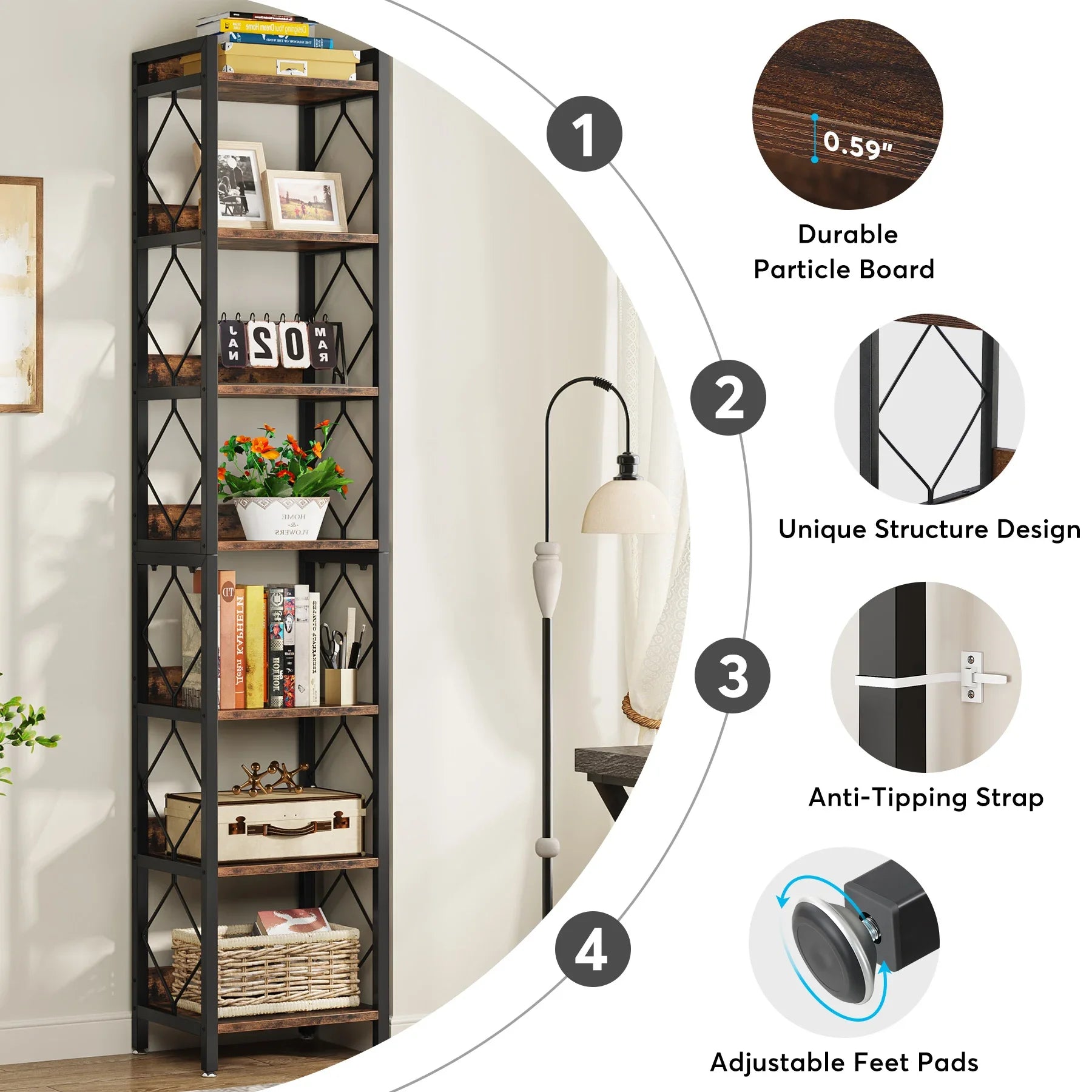 Tribesigns Extra Tall Narrow Bookshelf - 7 Tier Storage