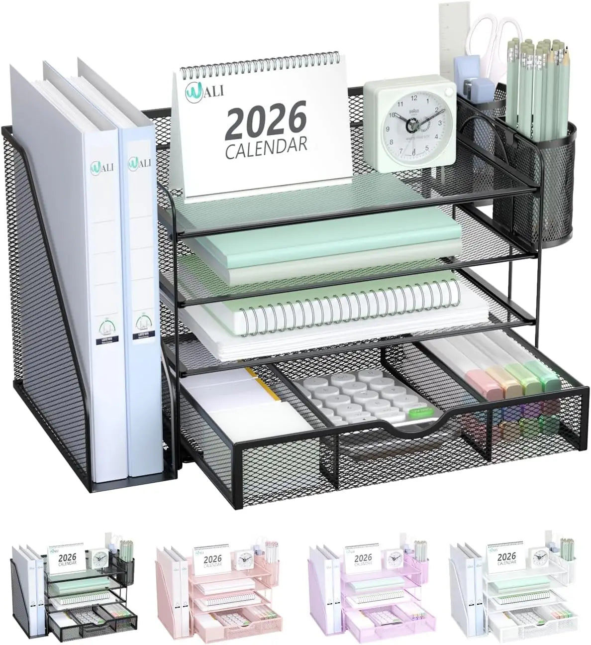 Desk File Organizer, 4 Tier Desktop Paper Letter Tray Organizer with Drawer and 2 Pen Holders, Office Desk Accessories & Workspa