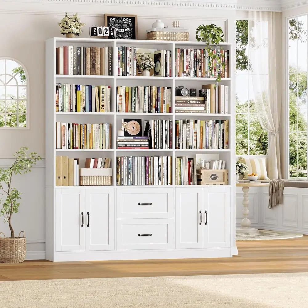 6-Tier White Wooden Triple Wide Bookshelf