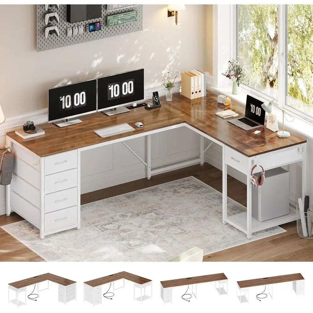 57" L-Shaped Dual-Person Office Desk with Storage & Charging