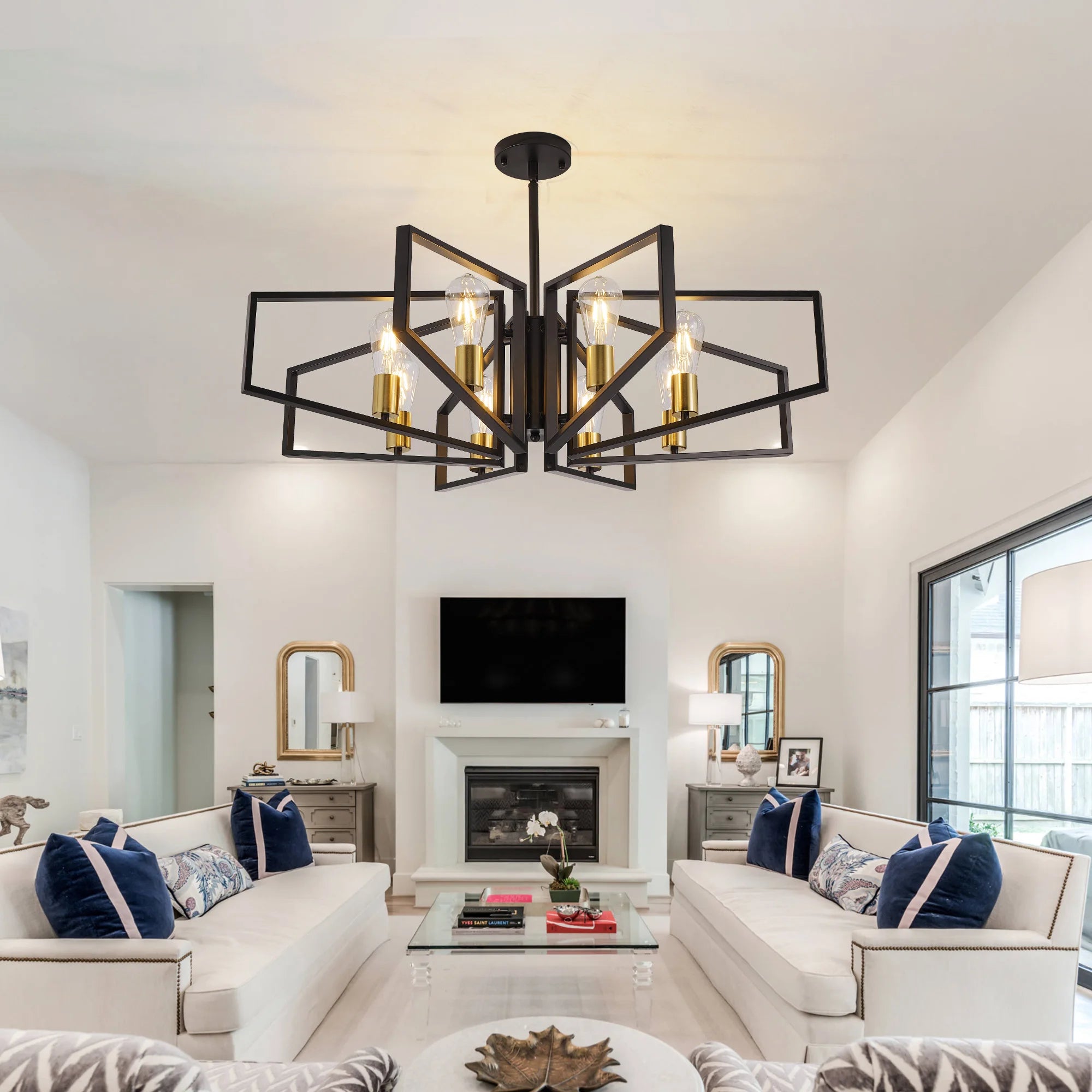 Modern 8-Light Geometric Chandelier with Adjustable Height