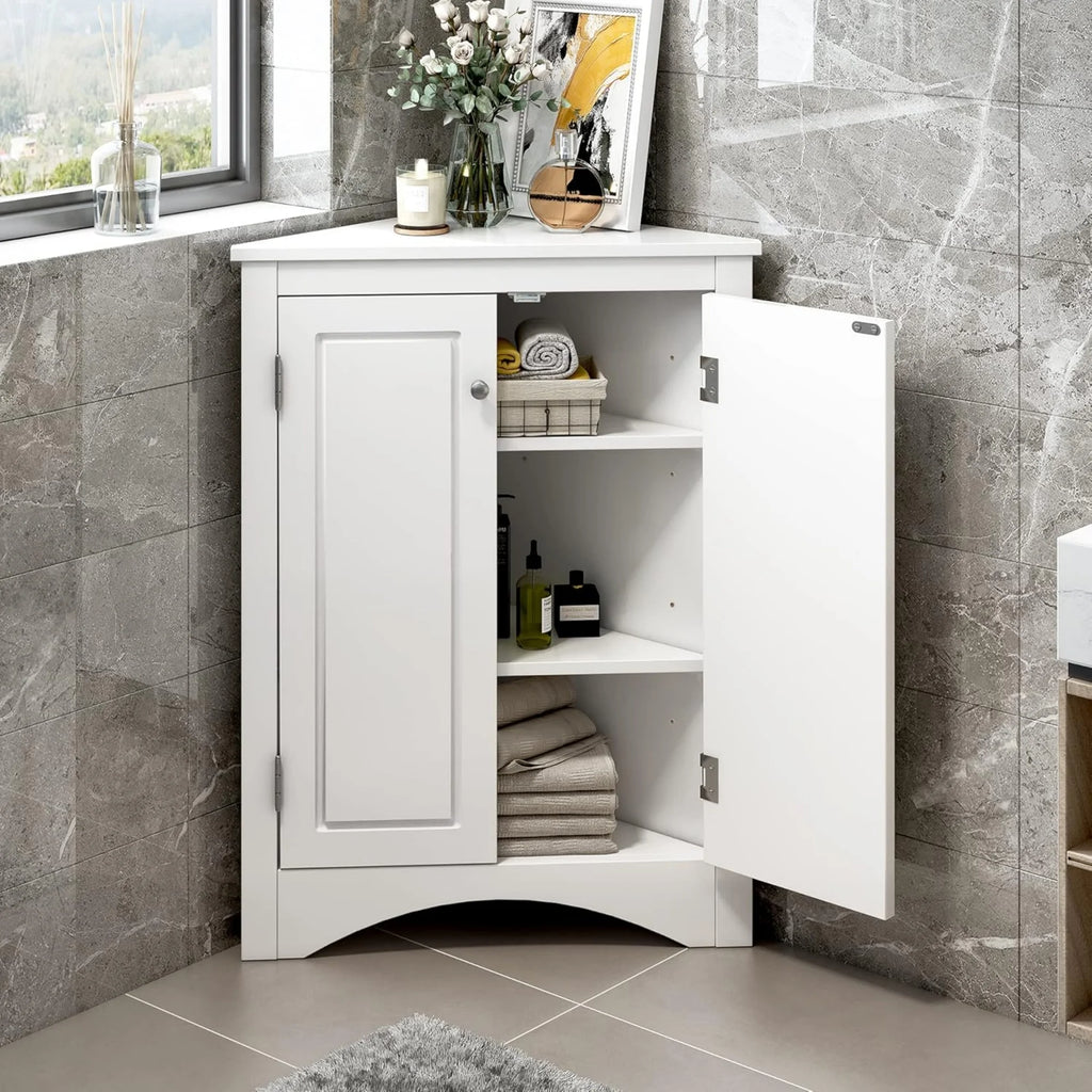White Corner Storage Cabinet with Adjustable Shelves