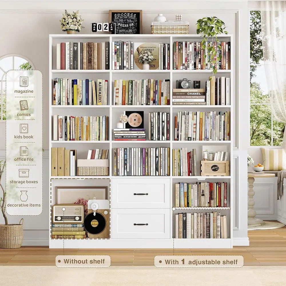 6-Tier White Wooden Triple Wide Bookshelf