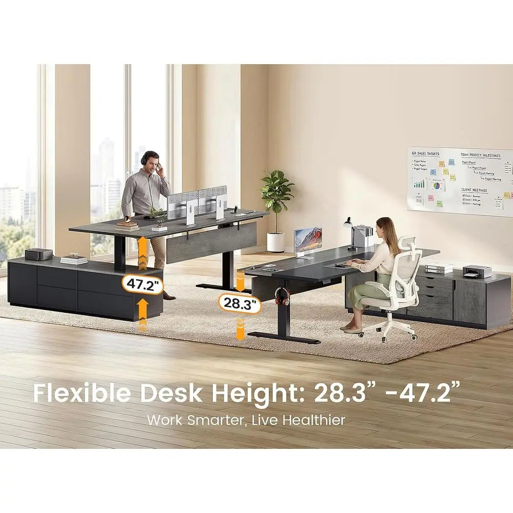 71" Grey Adjustable L-Shaped Standing Desk with Storage