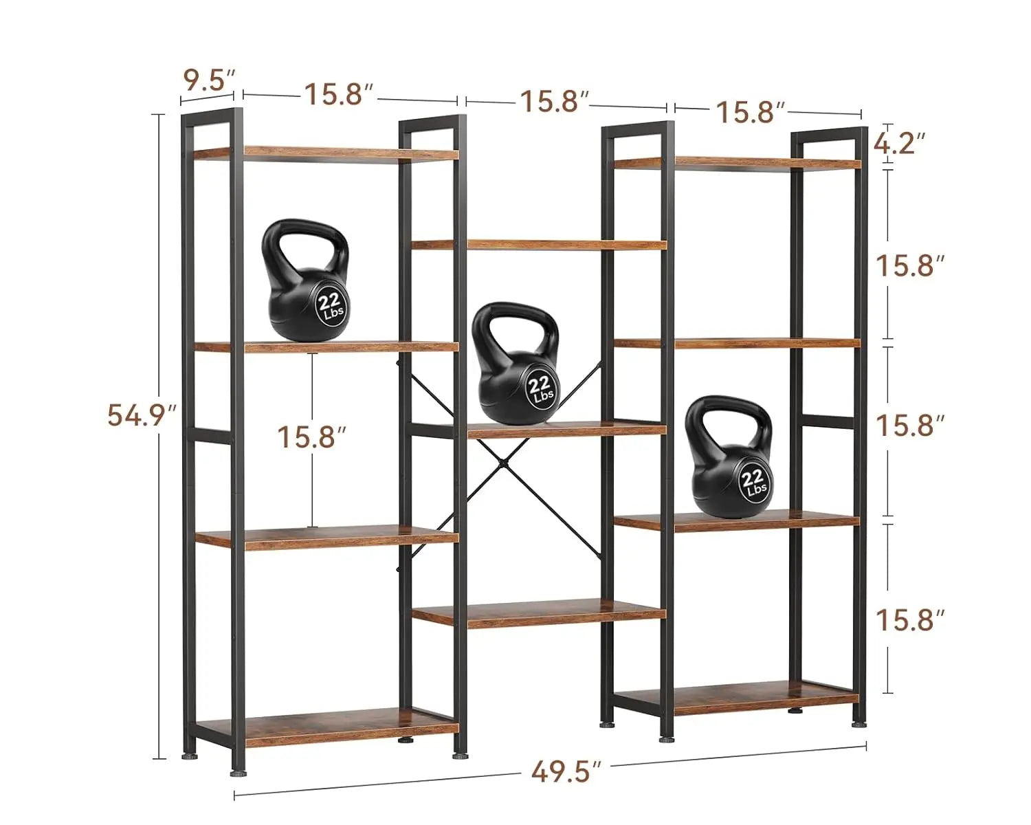 Triple 4 Tier Bookshelf - Modern Industrial Bookcase