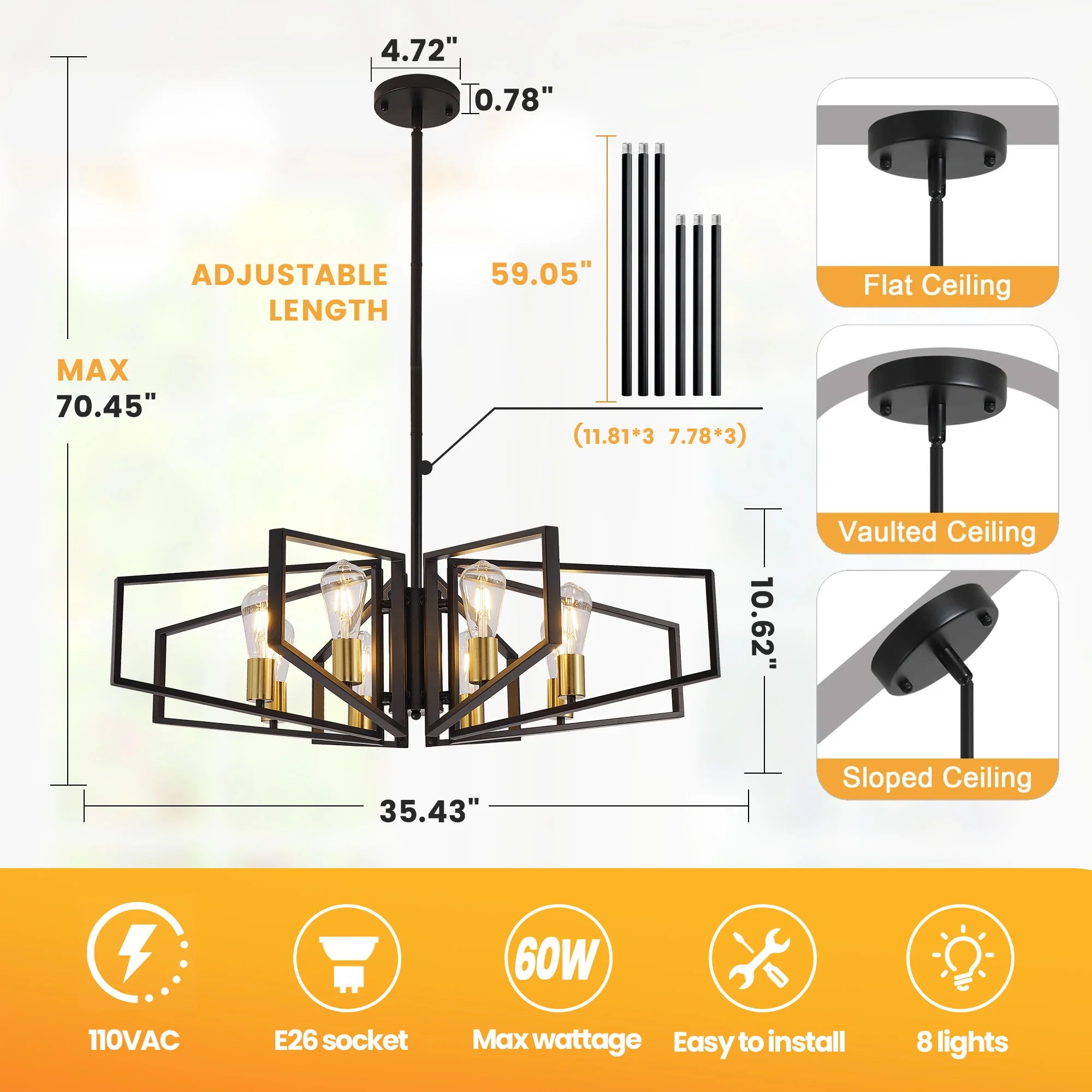 Modern 8-Light Geometric Chandelier with Adjustable Height