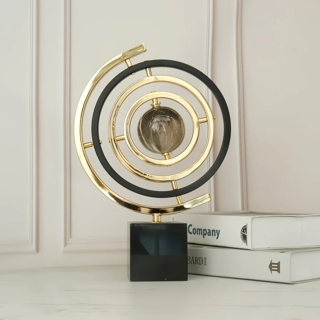 Modern Abstract Metal Globe Sculpture - Black & Gold