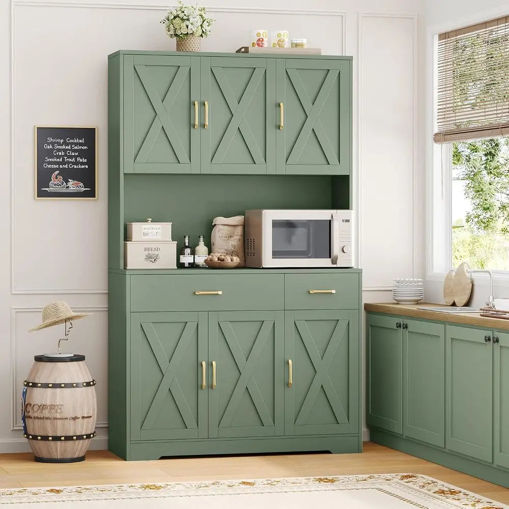 71-Inch Tall Pantry Cabinet with Charging Station - Green