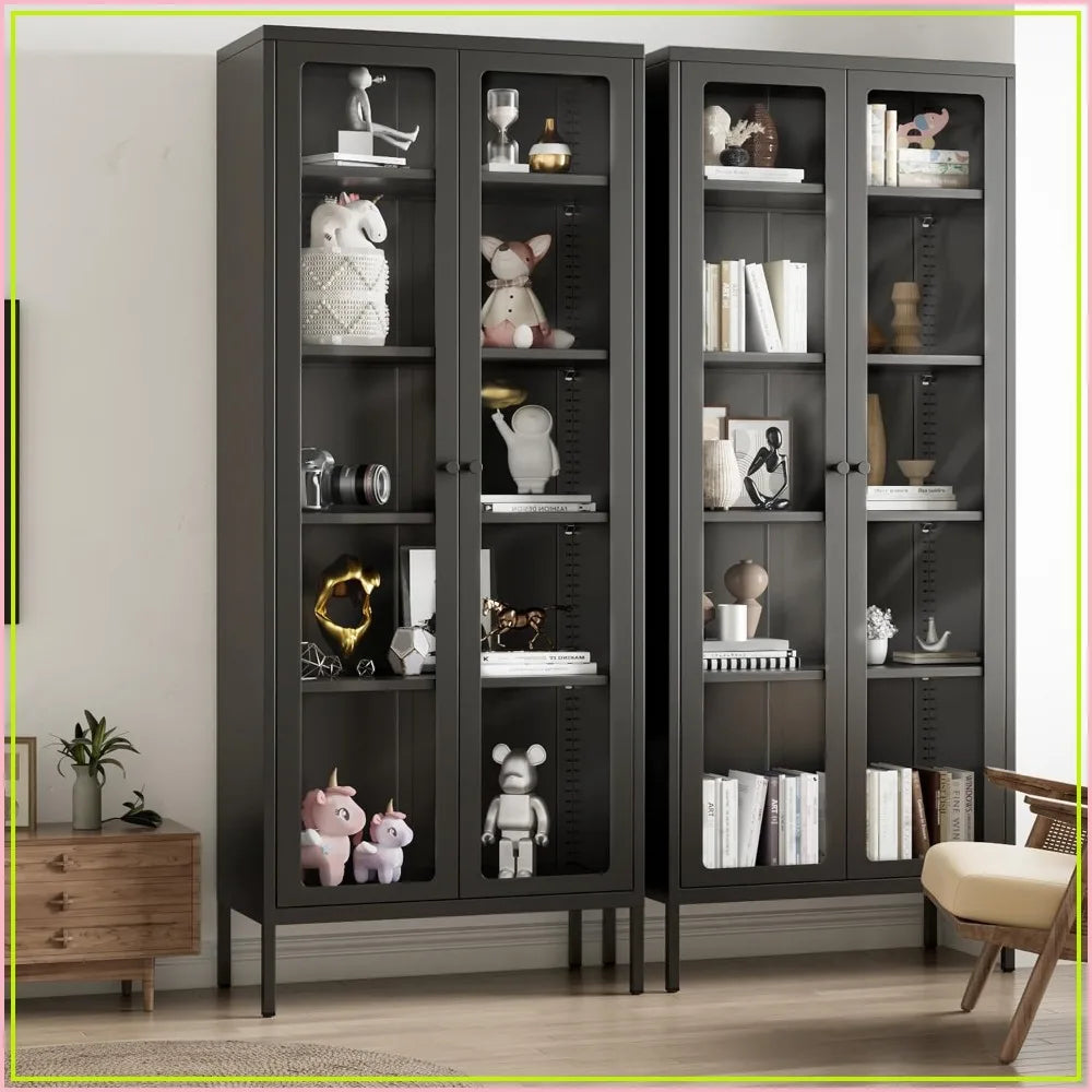 Metal Glass Display Cabinet - 5-Tier Curio with Black Steel Frame