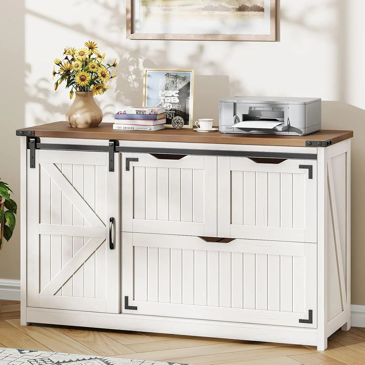 Off White Farmhouse Lateral Filing Cabinet with Sliding Door
