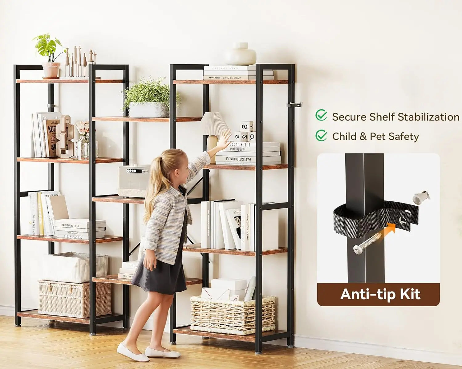 Triple 4 Tier Bookshelf - Modern Industrial Bookcase