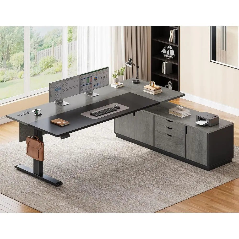 71" Grey Adjustable L-Shaped Standing Desk with Storage