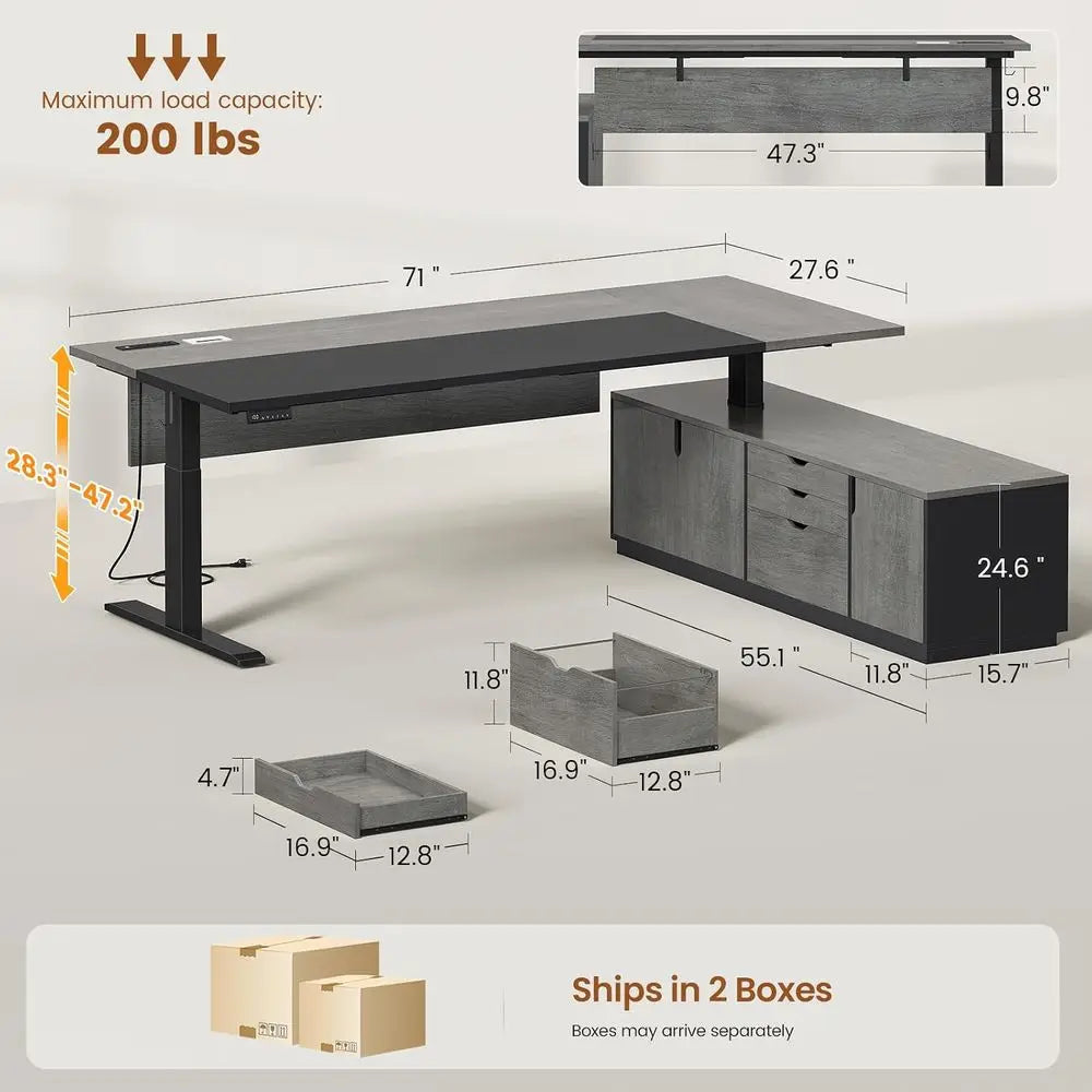 71" Grey Adjustable L-Shaped Standing Desk with Storage