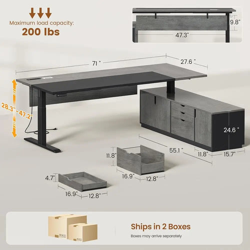 71" Grey Adjustable L-Shaped Standing Desk with Storage