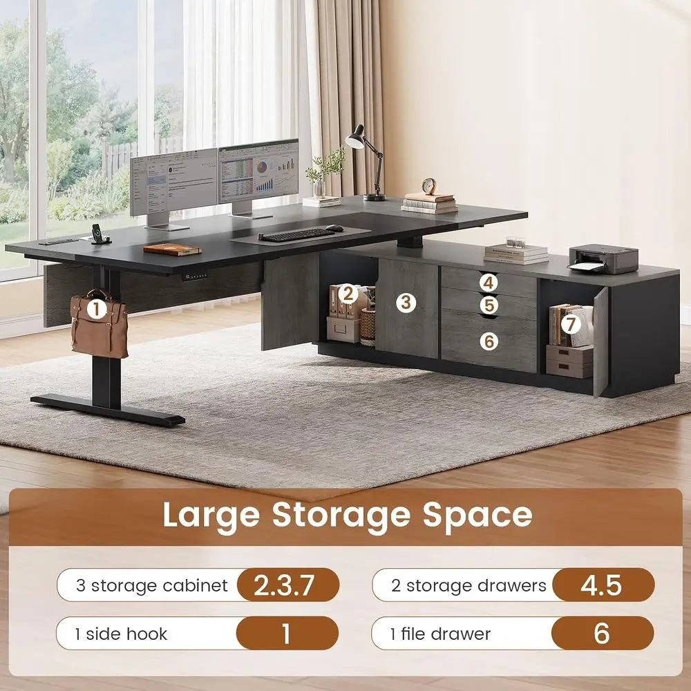 71" Grey Adjustable L-Shaped Standing Desk with Storage