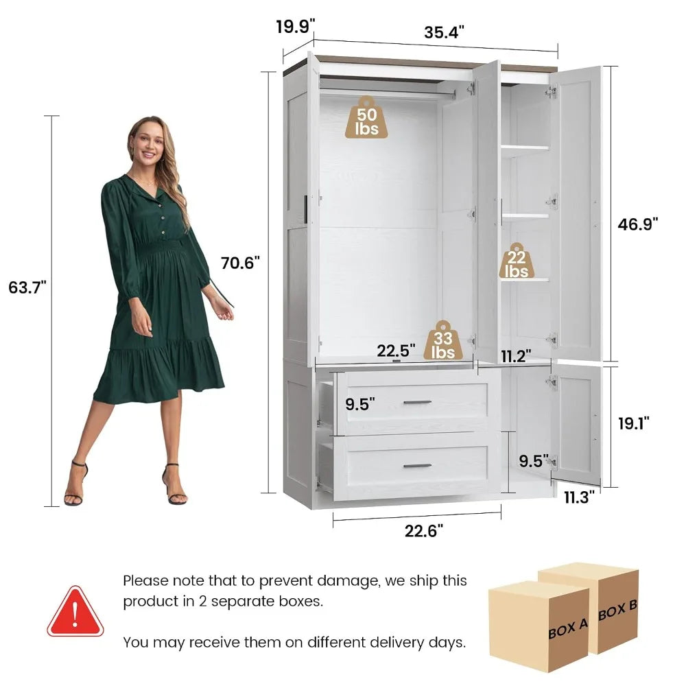 70.6" Tall Freestanding Wardrobe Armoire with 3 Doors
