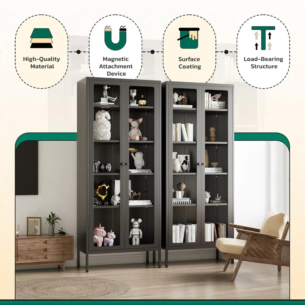 Metal Glass Display Cabinet - 5-Tier Curio with Black Steel Frame