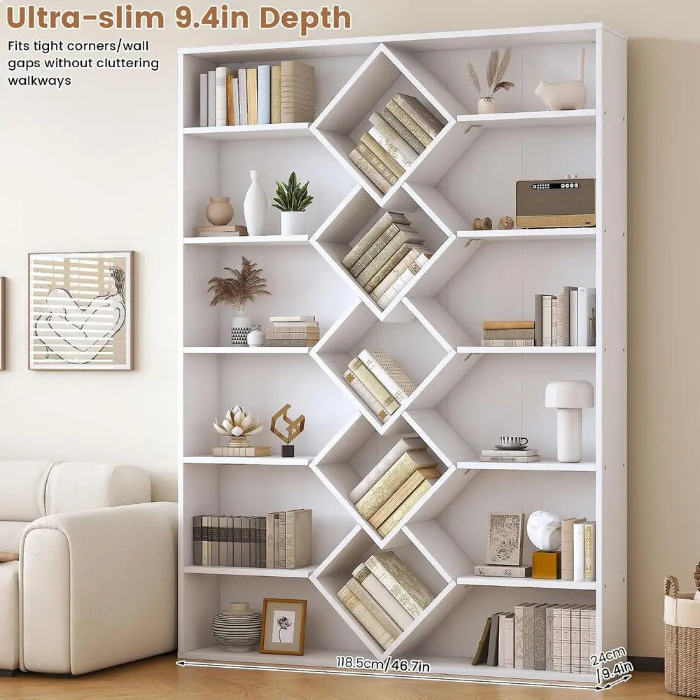 6-Tier Triple Wide Bookshelf with Diamond Design - White