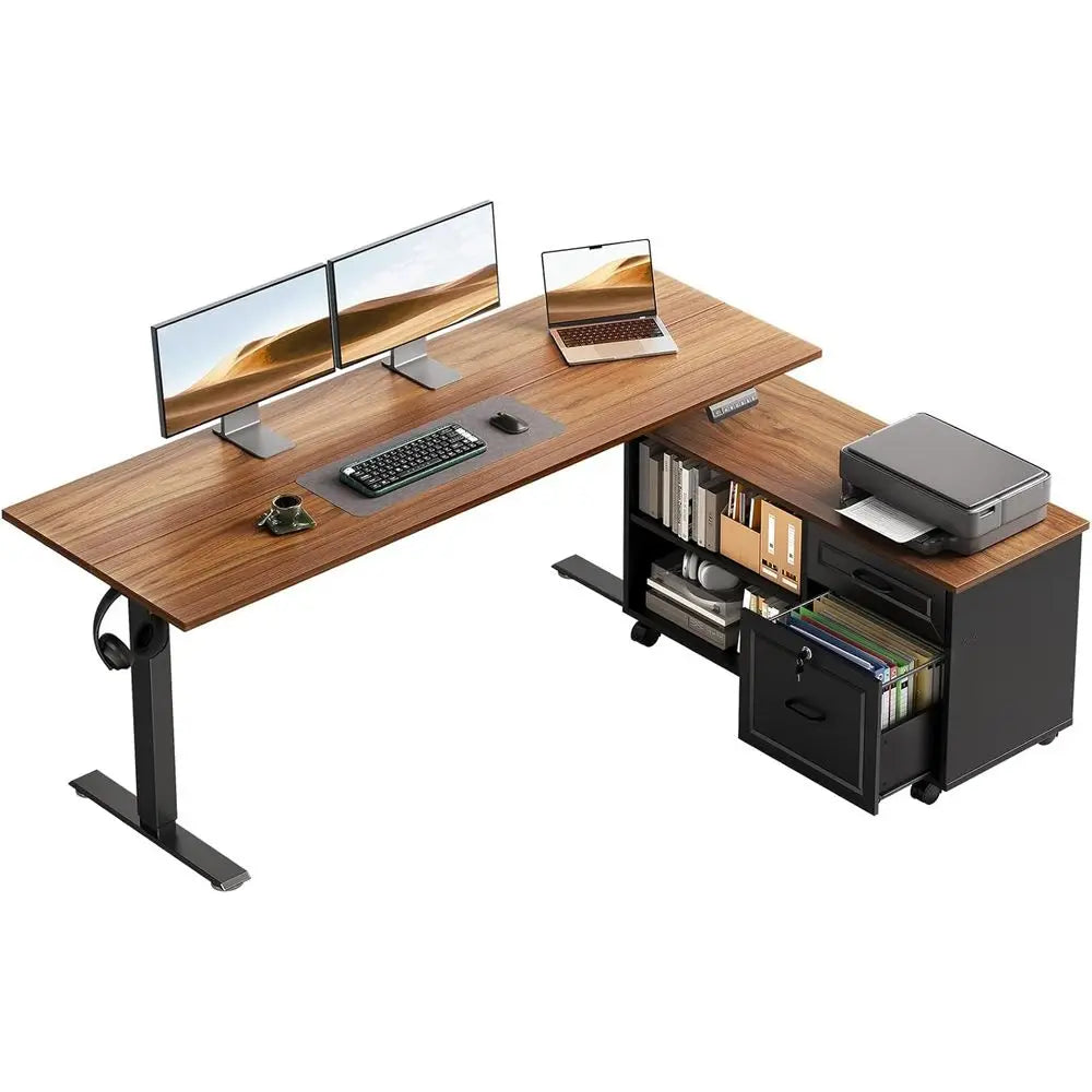 L-Shaped Electric Standing Desk with Drawers