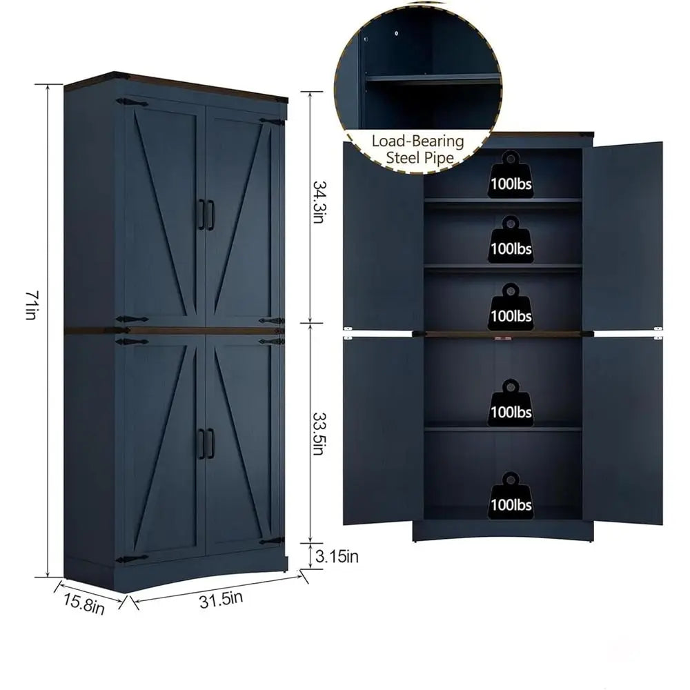 71" Tall Blue Kitchen Pantry Cabinet with Adjustable Shelves