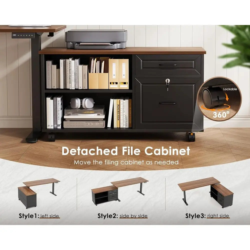 L-Shaped Electric Standing Desk with Drawers