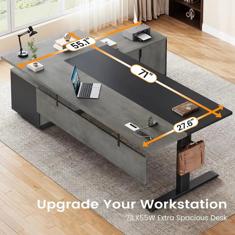 71" Grey Adjustable L-Shaped Standing Desk with Storage