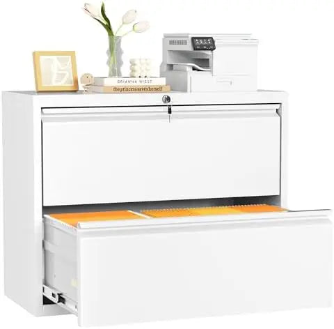 2 Drawer White Lateral File Cabinet with Lock