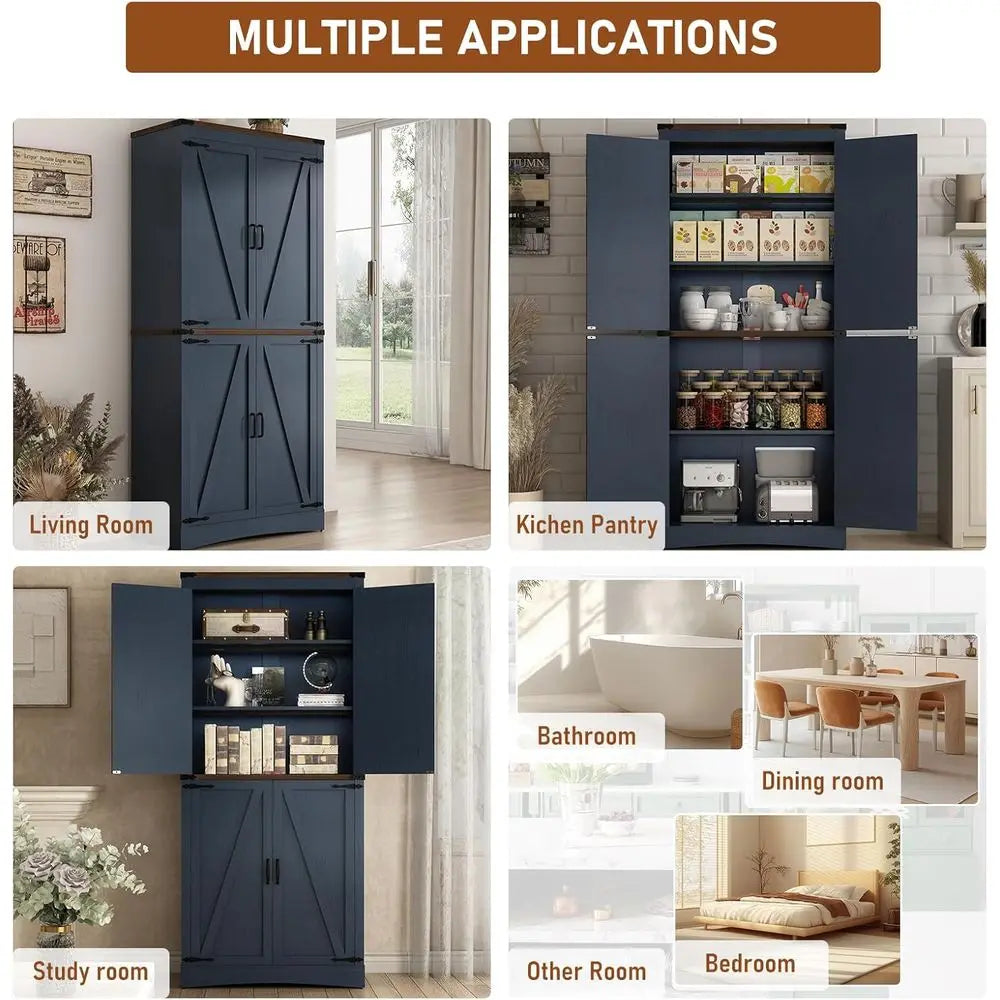 71" Tall Blue Kitchen Pantry Cabinet with Adjustable Shelves