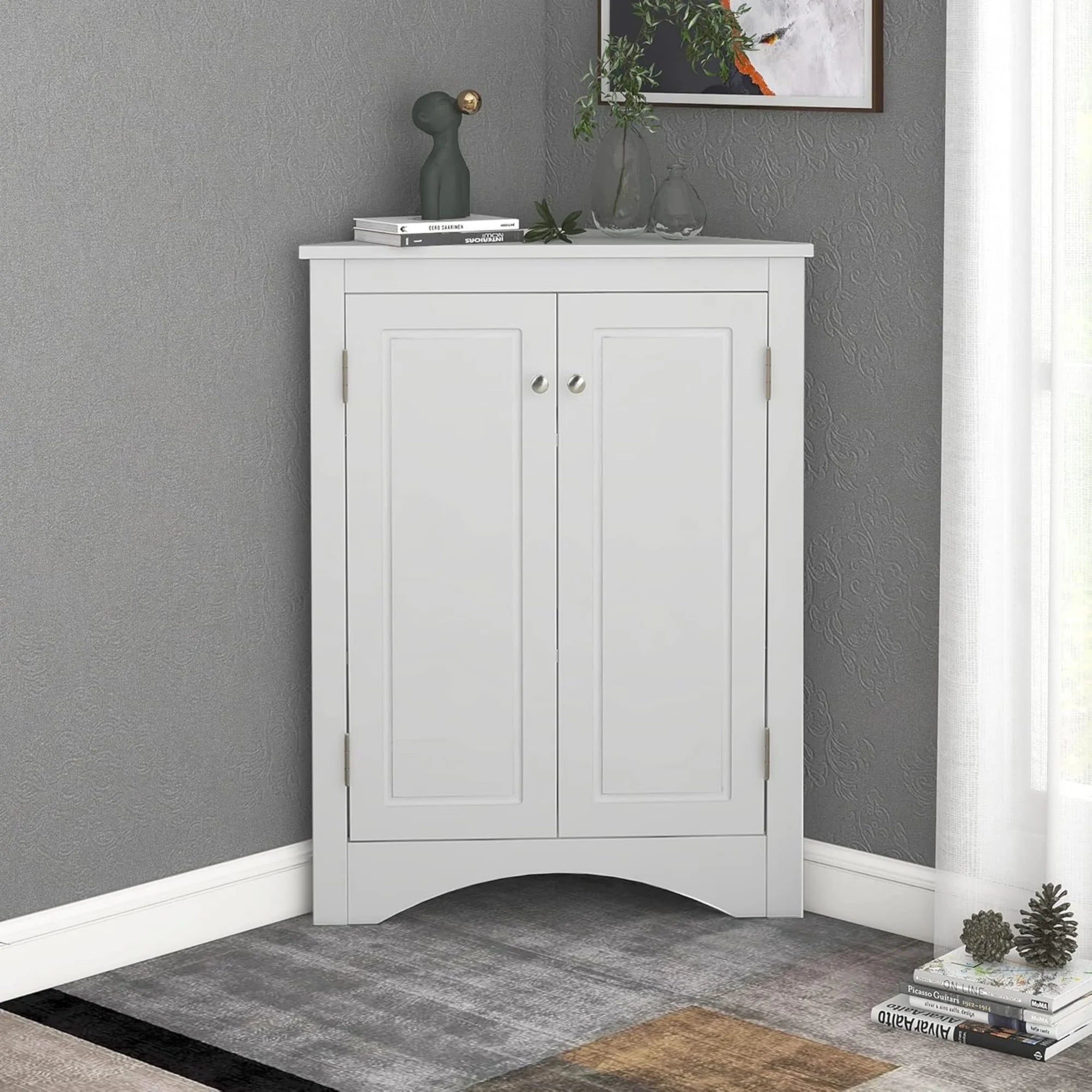 White Corner Storage Cabinet with Adjustable Shelves