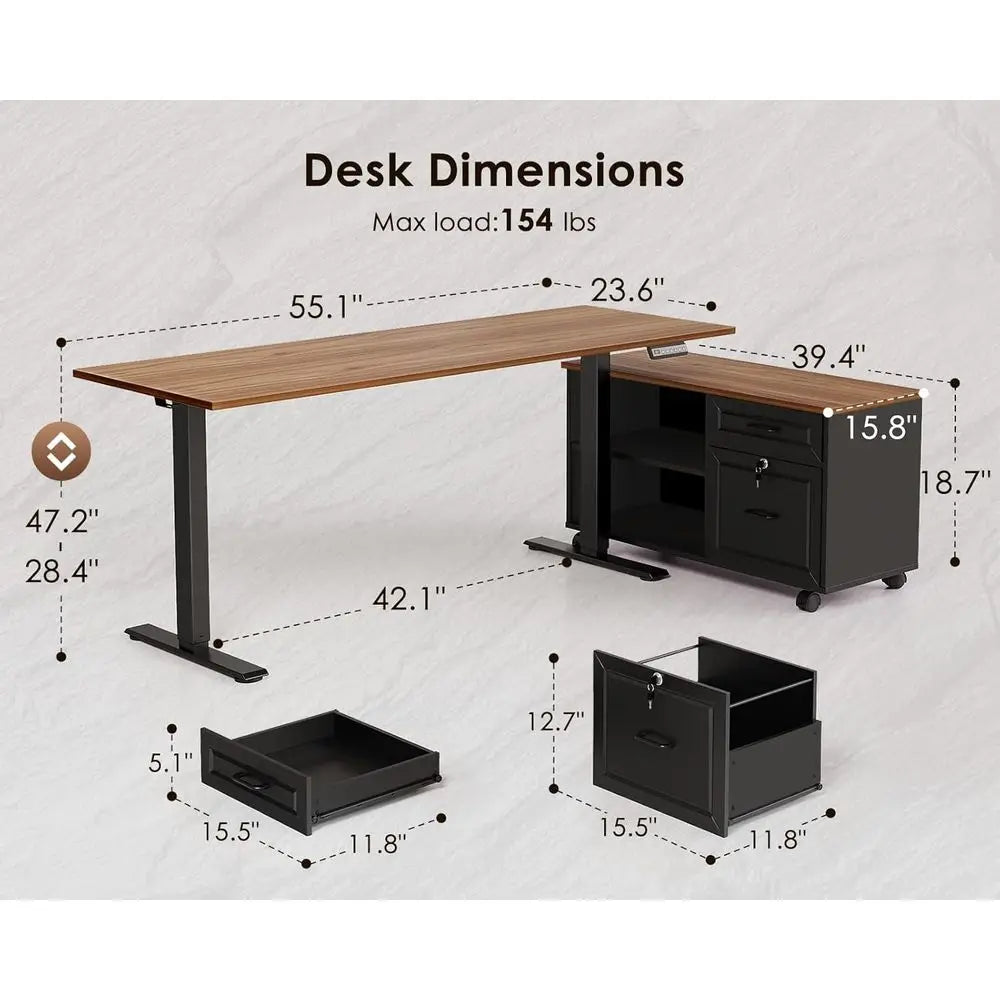 L-Shaped Electric Standing Desk with Drawers