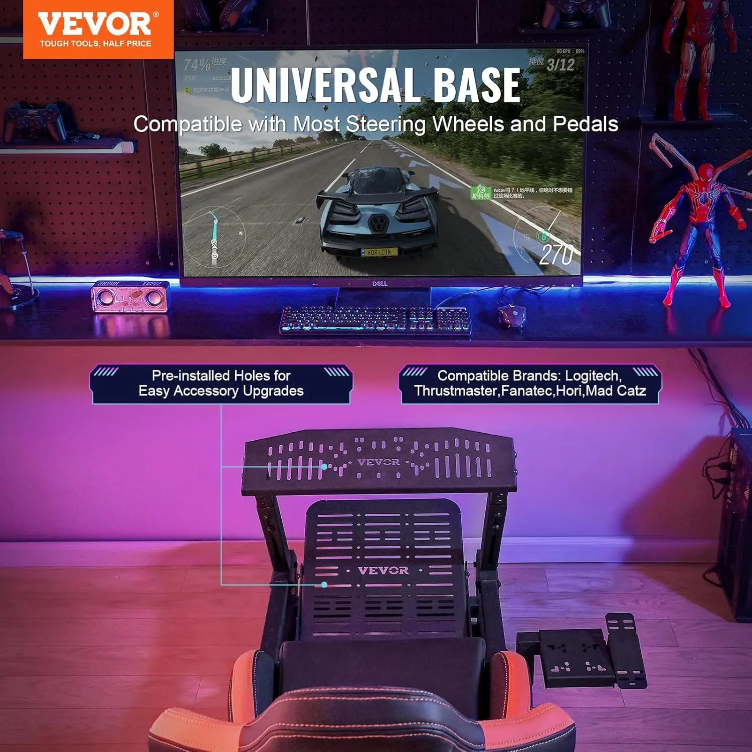 Racing Wheel Stand, Racing Cockpit with Wheels for Logitech G923 G920 G29 & Thrustmaster T248P, Heavy Duty Steel, Custom