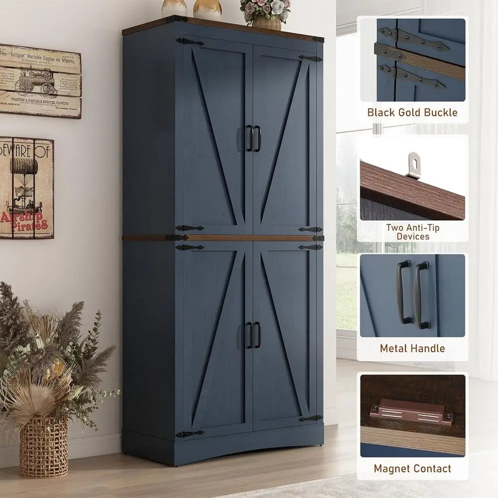 71" Tall Blue Kitchen Pantry Cabinet with Adjustable Shelves