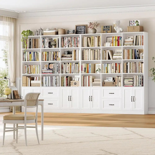 6-Tier White Wooden Triple Wide Bookshelf