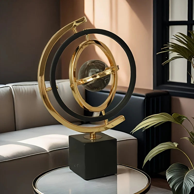 Modern Abstract Metal Globe Sculpture - Black & Gold