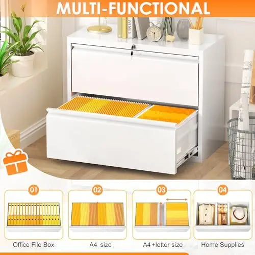 2 Drawer White Lateral File Cabinet with Lock
