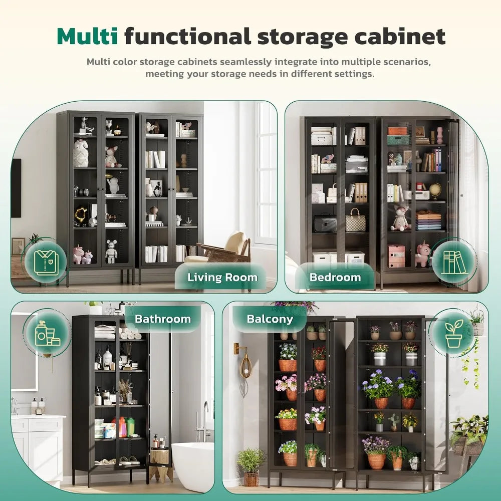 Metal Glass Display Cabinet - 5-Tier Curio with Black Steel Frame