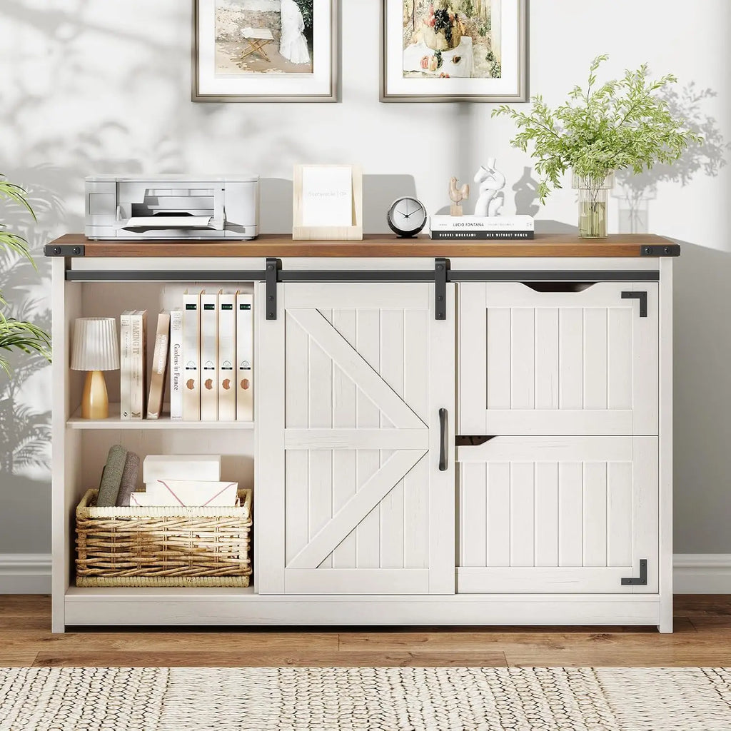 Off White Farmhouse Lateral Filing Cabinet with Sliding Door