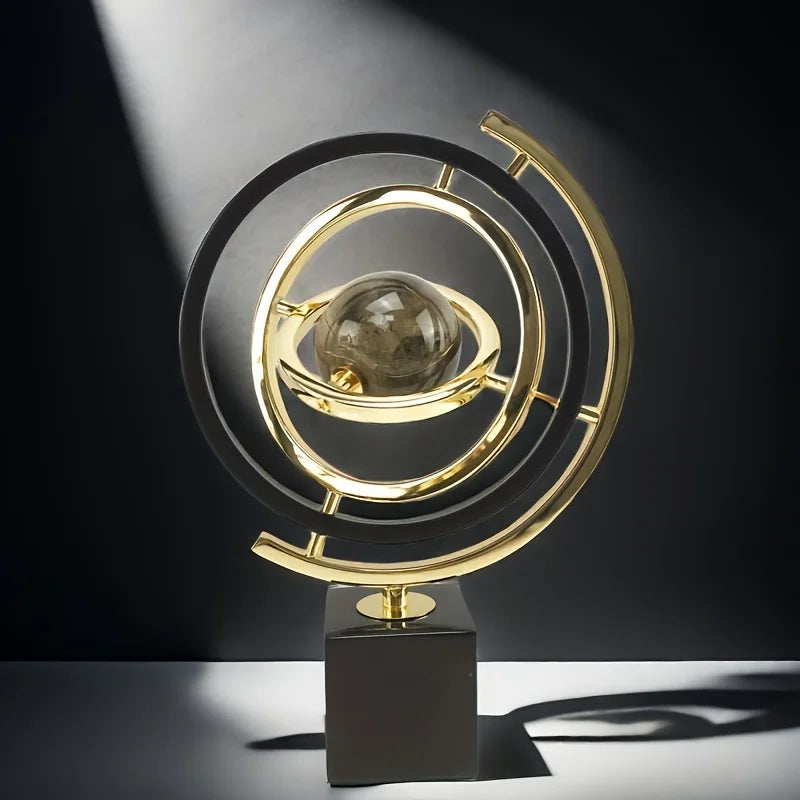 Modern Abstract Metal Globe Sculpture - Black & Gold