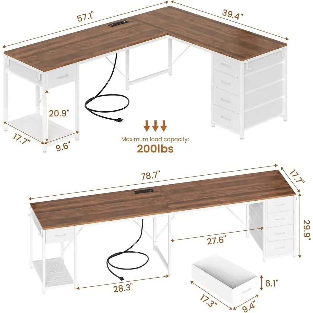 57" L-Shaped Dual-Person Office Desk with Storage & Charging