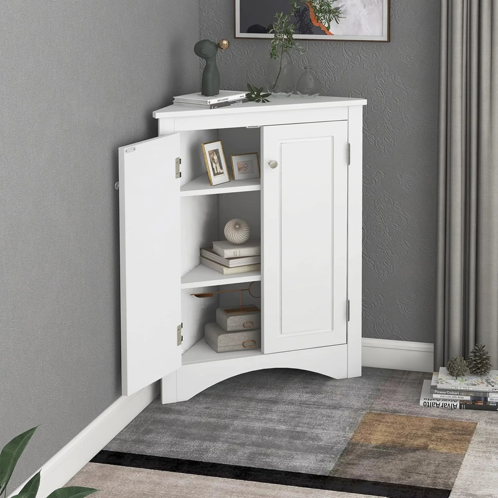 White Corner Storage Cabinet with Adjustable Shelves