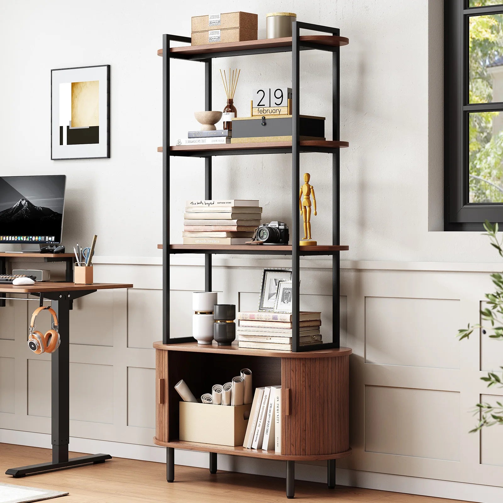 71" Tall Modern Bookshelf with Storage Cabinet