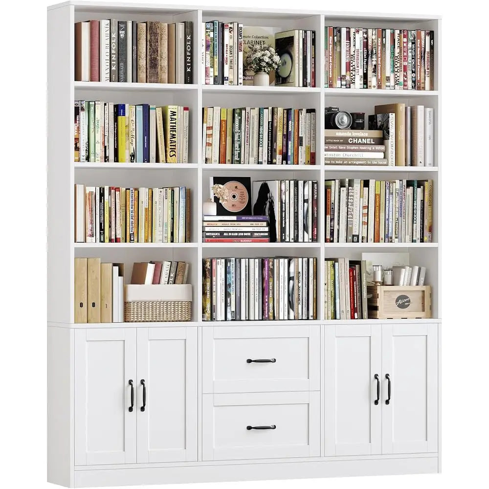 6-Tier White Wooden Triple Wide Bookshelf