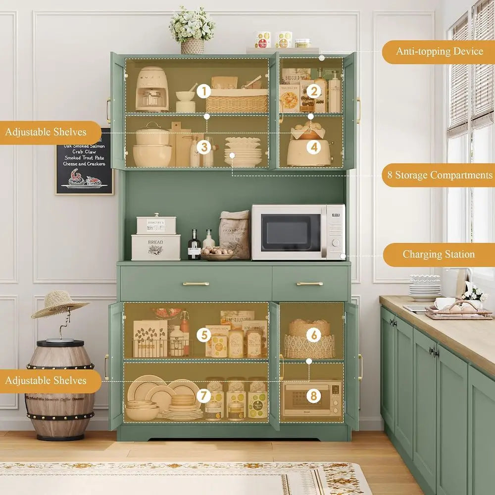 71-Inch Tall Pantry Cabinet with Charging Station - Green