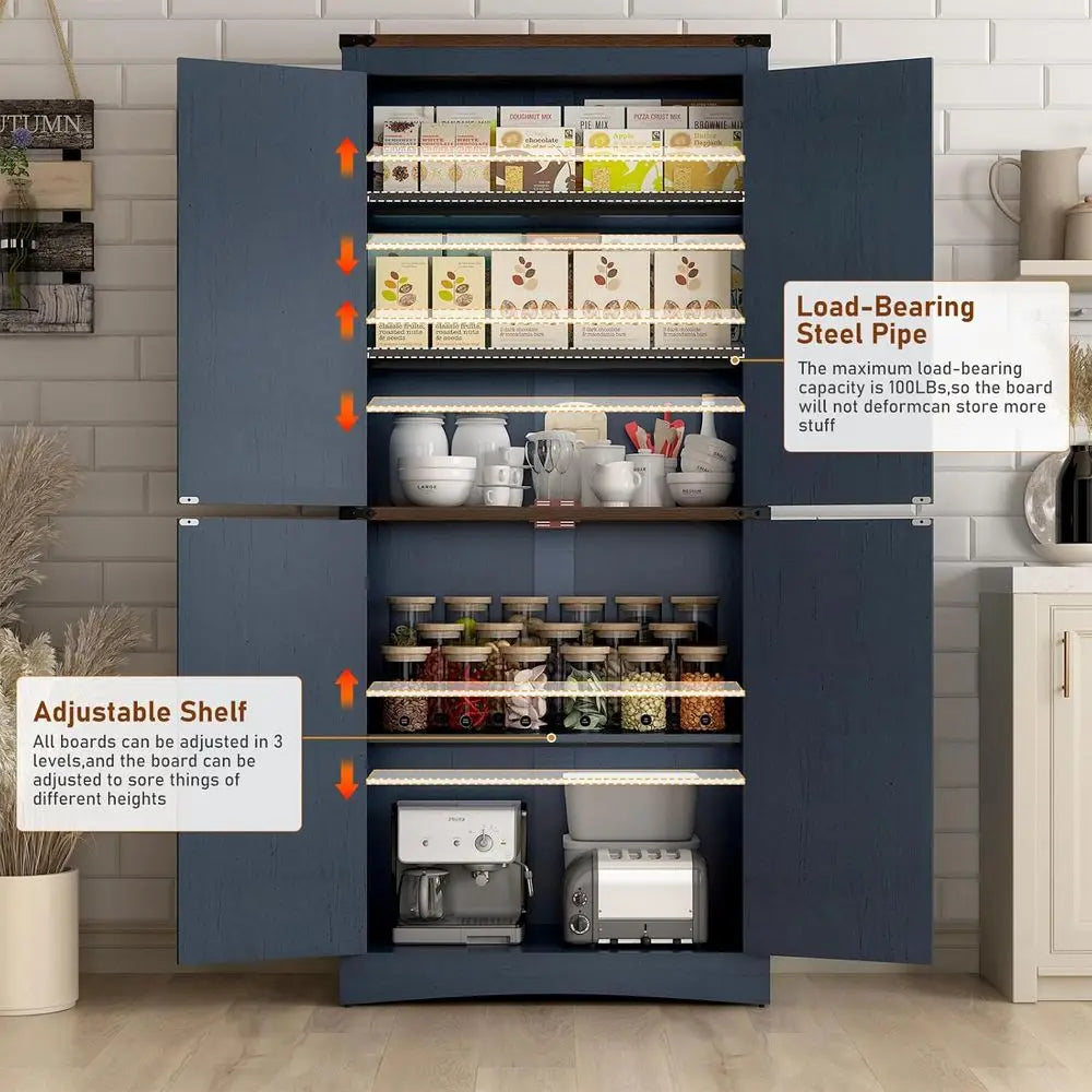 71" Tall Blue Kitchen Pantry Cabinet with Adjustable Shelves