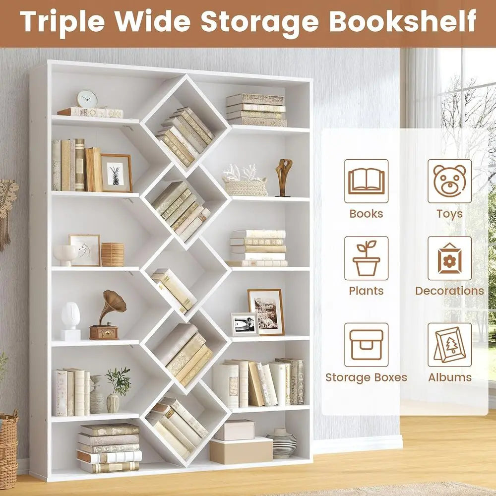 6-Tier Triple Wide Bookshelf with Diamond Design - White